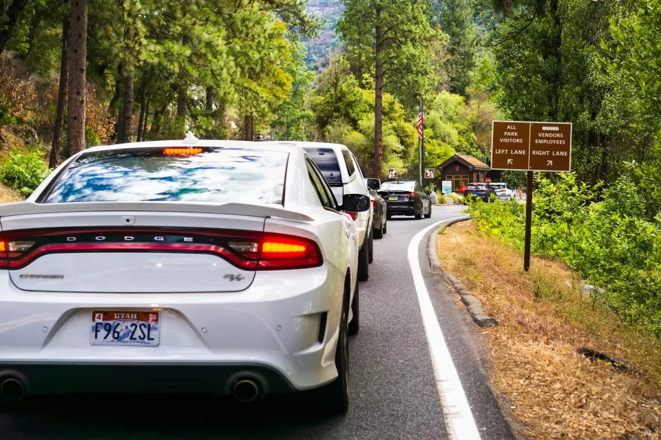 Cars wait in line to get into Yosemite National Park